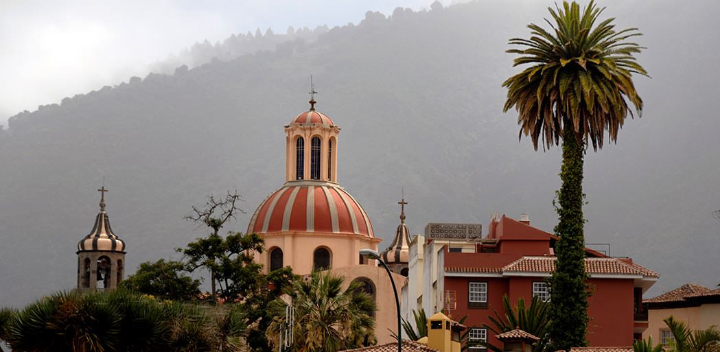 The church in La Orotava with palm tree, Tenerife.